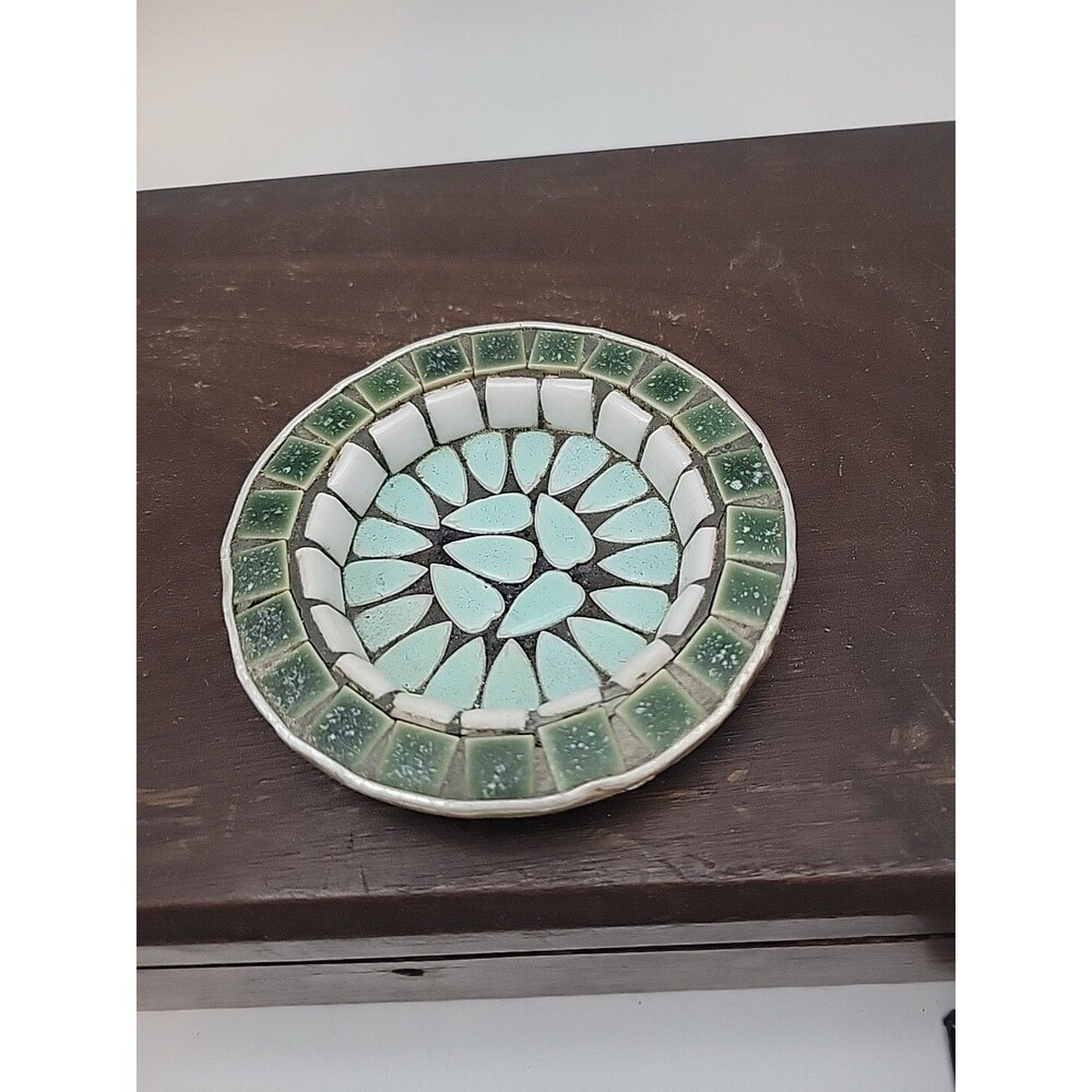 VTG Mid Century Mosaic Tile Trinket Dish/Ashtray Japan metal base MCM Green Blue